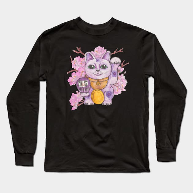 Purple Lucky Cat Long Sleeve T-Shirt by JenStedman73